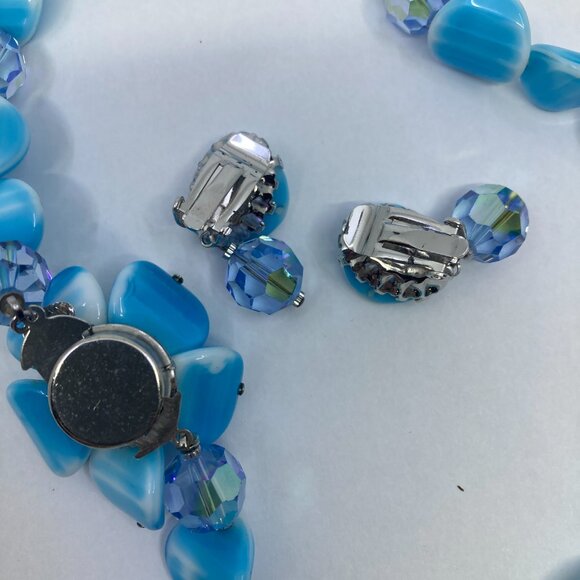 Vtg ALICE CAVINESS ? blue moulded glass  pie crust setting earrings necklace - Picture 4 of 5